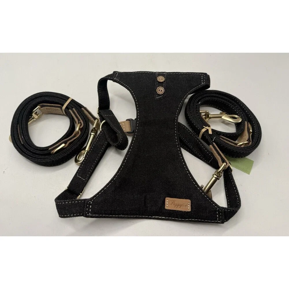 Puppytie Dog Harness Multifunction Leash Set Black Denim Small No Pull